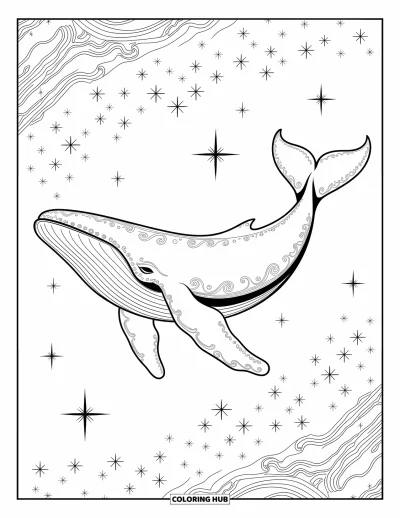 Dibujo de espacio para colorear para adultos: Una ballena espacial de ensueño flotando por un cielo de estrellas y galaxias