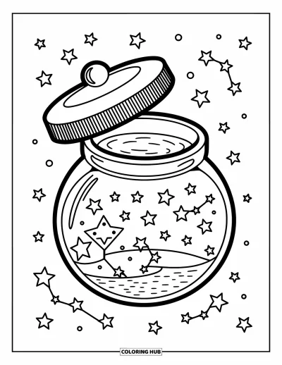 Dibujo de espacio para colorear para adultos: Un frasco flotante suelta pequeñas estrellas brillantes que giran formando una constelación