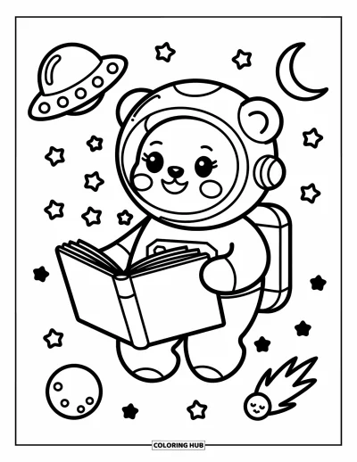 Dibujo de espacio para colorear para adultos: Un oso astronauta esponjoso flota en el espacio leyendo un libro lleno de letras de estrellas
