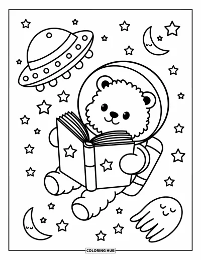 Dibujo de espacio para colorear para adultos: Un oso espacial esponjoso flota cerca de un OVNI amistoso, absorto en un libro de estrellas
