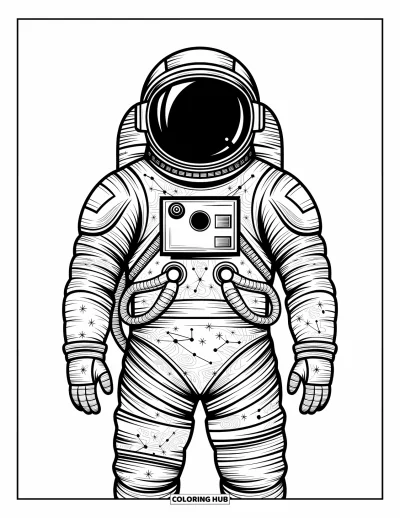 Dibujo de espacio para colorear para adultos: Un traje de astronauta futurista con intrincados detalles y texturas celestiales