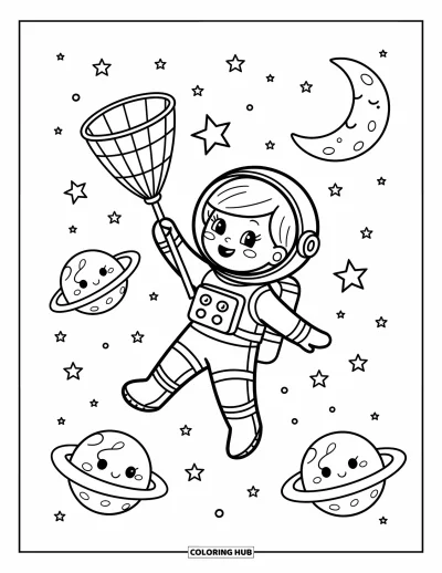 Dibujo de espacio para colorear para adultos: Una astronauta extiende su red para capturar una estrella brillante