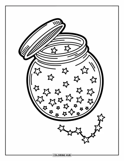 Dibujo de espacio para colorear para adultos: Un frasco lleno de estrellas flota por el cosmos, dejando una estela mágica