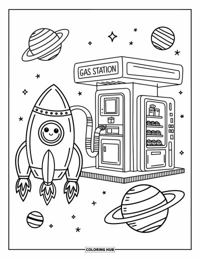 Dibujo de espacio para colorear para adultos: Un cohete kawaii se recarga en una gasolinera cósmica flotante