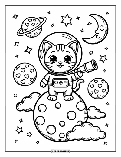 Dibujo de espacio para colorear para adultos: Un gatito con un diminuto traje espacial explora un planeta de ensueño envuelto en nubes