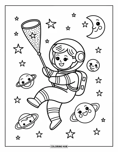 Dibujo de espacio para colorear para adultos: Una pequeña astronauta flota entre planetas sonrientes mientras recoge estrellas