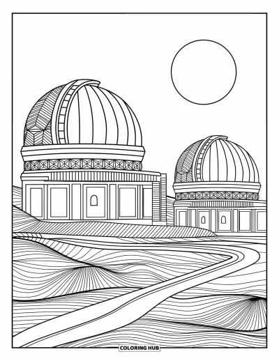 Dibujo de espacio para colorear para adultos: Un observatorio espacial a la luz de la luna rodeado de intrincados patrones celestiales