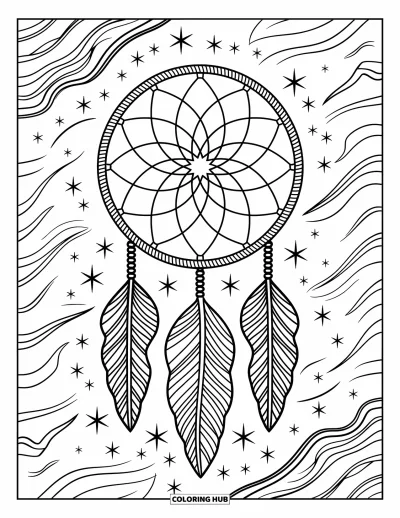 Dibujo de espacio para colorear para adultos: Un atrapasueños místico adornado con constelaciones estrelladas y patrones en espiral