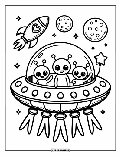 Dibujo de espacio para colorear para adultos: Un OVNI redondo y alegre lleva a tres alienígenas juguetones que saludan a las estrellas