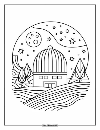 Dibujo de espacio para colorear para adultos: Un observatorio espacial sereno con elegantes detalles celestiales y espirales