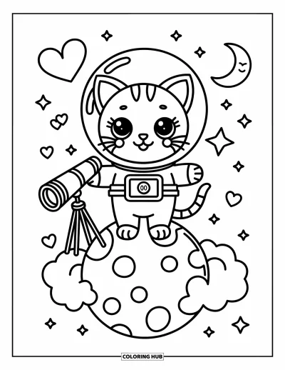 Dibujo de espacio para colorear para adultos: Un pequeño gato astronauta mira el cielo mientras está de pie sobre un planeta suave y esponjoso