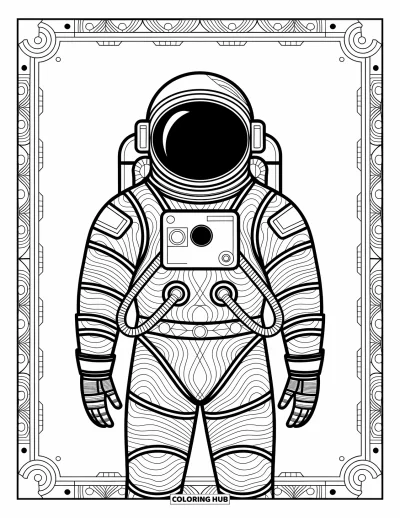 Dibujo de espacio para colorear para adultos: Un traje espacial decorado con elegantes patrones cósmicos y diseños estrellados