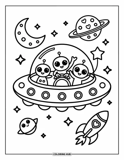 Dibujo de espacio para colorear para adultos: Una nave espacial con alienígenas felices flota entre lunas y estrellas