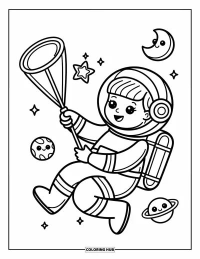 Dibujo de espacio para colorear para adultos: Una joven astronauta atrapa una estrella centelleante con su red de mariposas