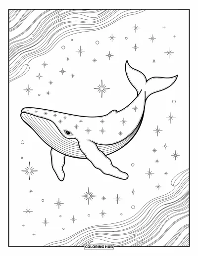 Dibujo de espacio para colorear para adultos: Una elegante ballena cósmica decorada con intrincadas constelaciones y nebulosas