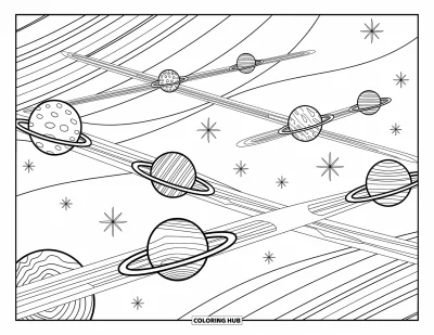 Dibujo de espacio para colorear para adultos: Una elegante galaxia de planetas conectados por puentes decorativos en espiral