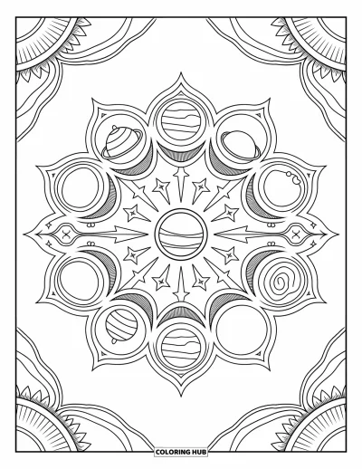 Dibujo de espacio para colorear para adultos: Un elegante mandala lleno de galaxias en espiral y constelaciones detalladas