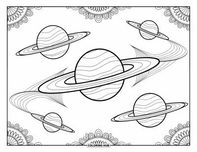 Dibujo de espacio para colorear para adultos: Planetas unidos por puentes flotantes, cubiertos de intrincados patrones cósmicos