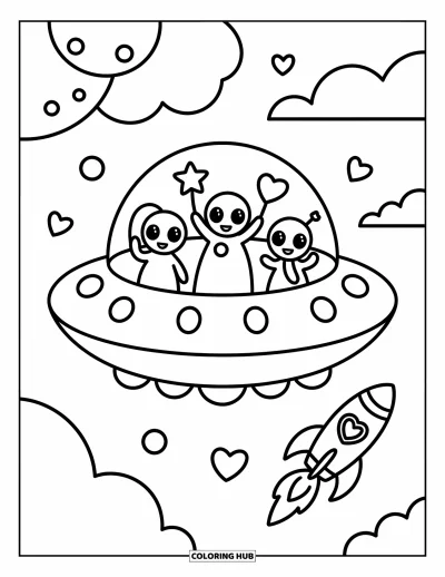 Dibujo de espacio para colorear para adultos: Tres pequeños alienígenas se ríen dentro de un OVNI saltarín que flota entre las estrellas