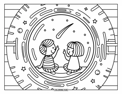 Dibujo de espacio para colorear para adultos: Dos niños observan las estrellas a través de la gran ventana burbuja de su nave espacial