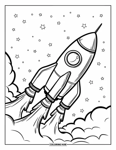 Dibujo de espacio para colorear para niños: Un cohete grande y alegre despega hacia el espacio con humo en espiral debajo