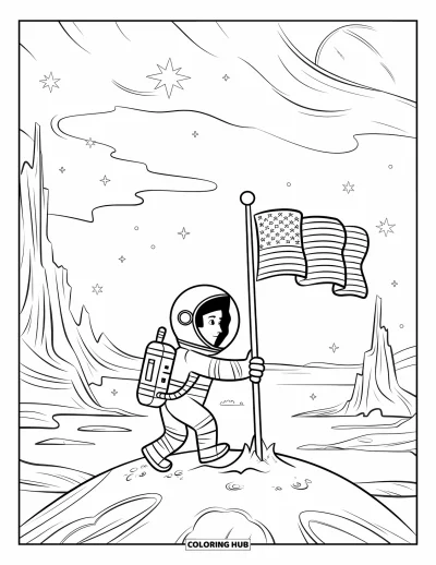 Dibujo de espacio para colorear para niños: Un astronauta valiente coloca una bandera en la superficie de un mundo lejano