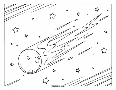Dibujo de espacio para colorear para niños: Un cometa brillante con una larga cola luminosa cruza el espacio a gran velocidad