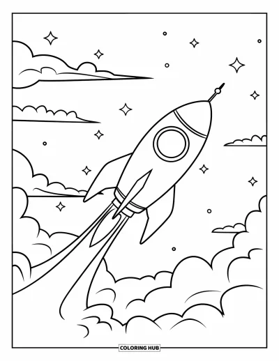 Dibujo de espacio para colorear para niños: Un cohete redondeado despega hacia el espacio, enmarcado por nubes y estrellas