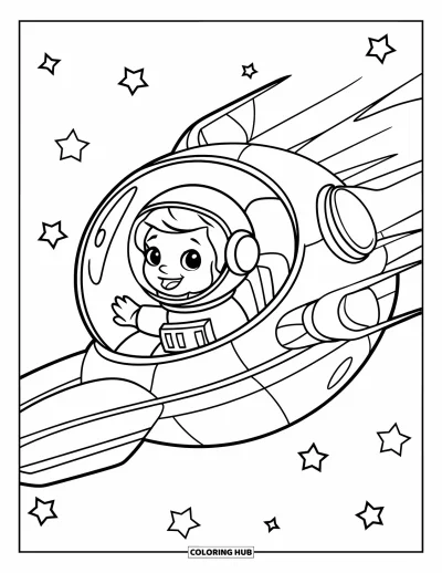 Dibujo de espacio para colorear para niños: Un astronauta alegre flota dentro de una pequeña nave espacial entre las estrellas