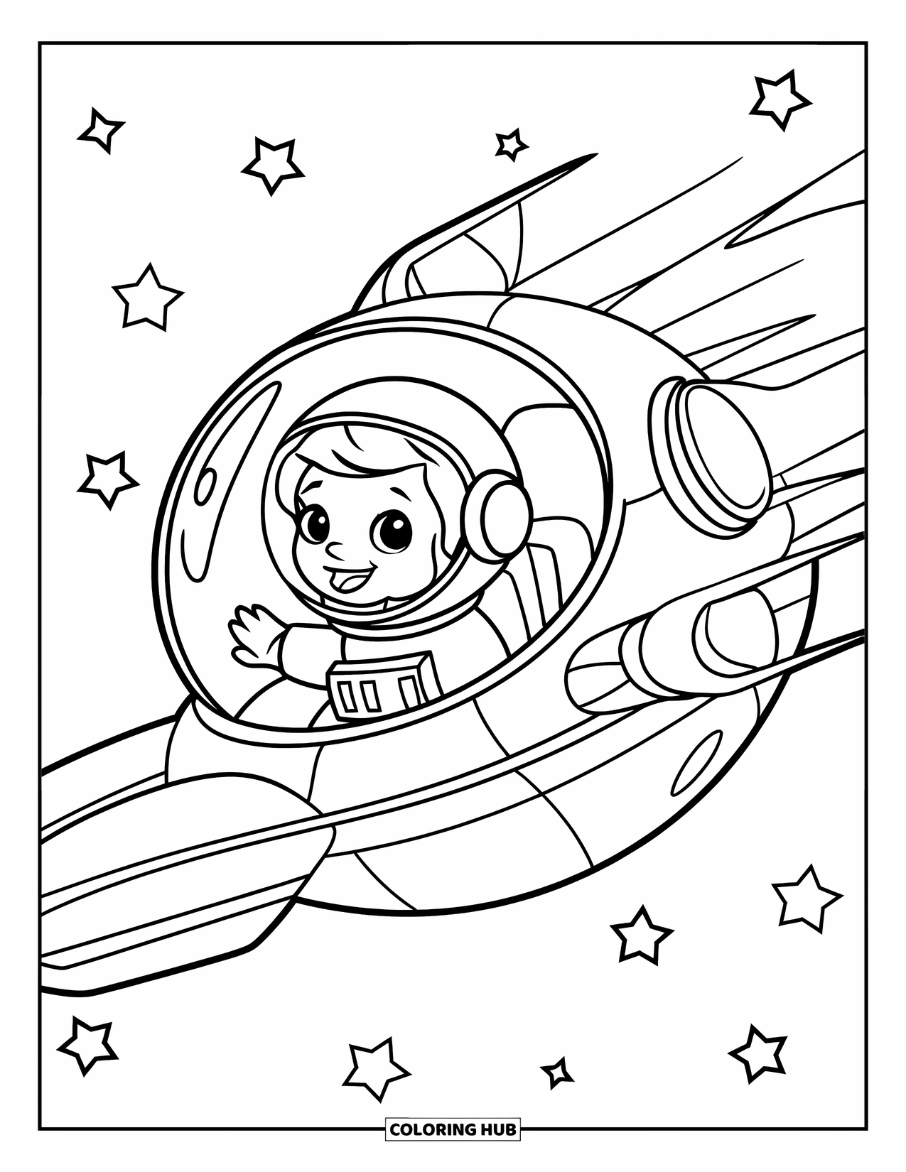 Ruimte Kleurplaat voor Kinderen: Een vrolijke astronaut zweeft in een klein ruimteschip tussen de sterren
