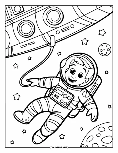Dibujo de espacio para colorear para niños: Un astronauta alegre saluda mientras flota en el espacio profundo