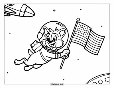 Dibujo de espacio para colorear para niños: Un alegre perrito espacial flota sin gravedad entre estrellas y planetas