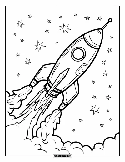 Dibujo de espacio para colorear para niños: Un cohete robusto despega hacia el espacio dejando nubes de humo esponjosas