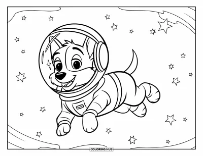 Dibujo de espacio para colorear para niños: Un curioso perrito espacial con casco de astronauta explora la galaxia