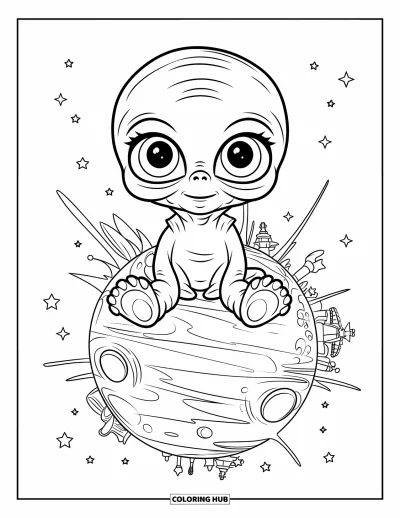 Dibujo de espacio para colorear para niños: Un alienígena tierno, de cabeza grande, descansa en un pequeño mundo flotante
