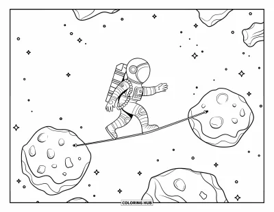 Dibujo de espacio para colorear para niños: Un astronauta audaz mantiene el equilibrio con cuidado en una cuerda floja entre dos asteroides