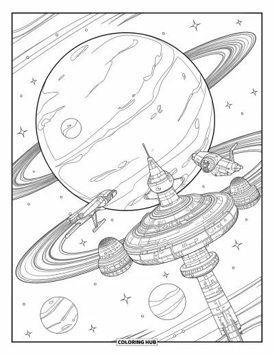 Dibujo de espacio para colorear para niños: Una estación espacial detallada flota en órbita alrededor de un gigante gaseoso giratorio