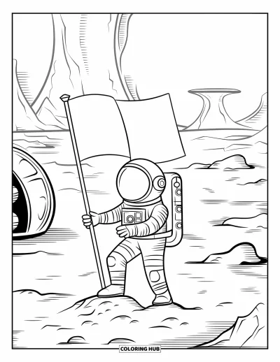 Dibujo de espacio para colorear para niños: Un astronauta decidido coloca una bandera en un terreno extraño y rocoso