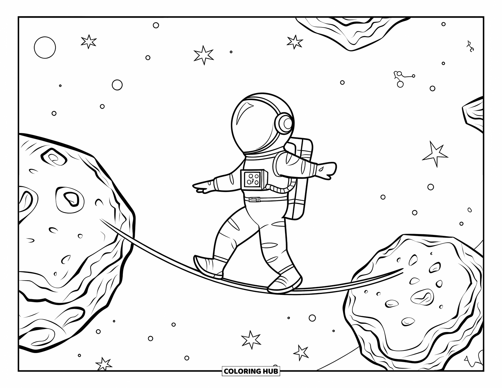 Ruimte Kleurplaat voor Kinderen: Een onverschrokken astronaut loopt koord tussen twee ruige ruimterotsen