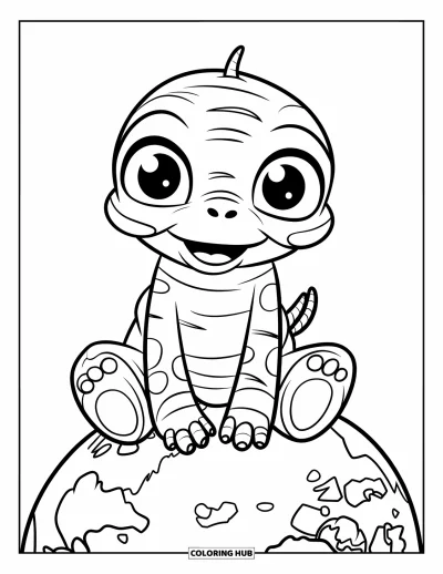 Dibujo de espacio para colorear para niños: Un alienígena amistoso de ojos grandes y redondos está sentado en un pequeño planeta