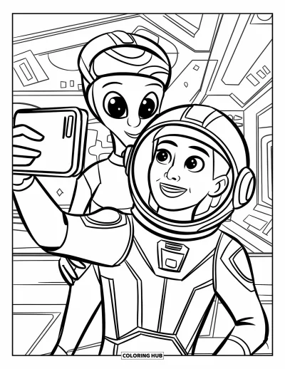 Dibujo de espacio para colorear para niños: Un astronauta amigable y un alienígena se toman una selfi divertida en un mundo alienígena