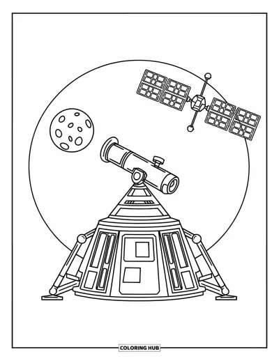 Dibujo de espacio para colorear para niños: Una base lunar futurista con ventanas circulares y un pequeño telescopio