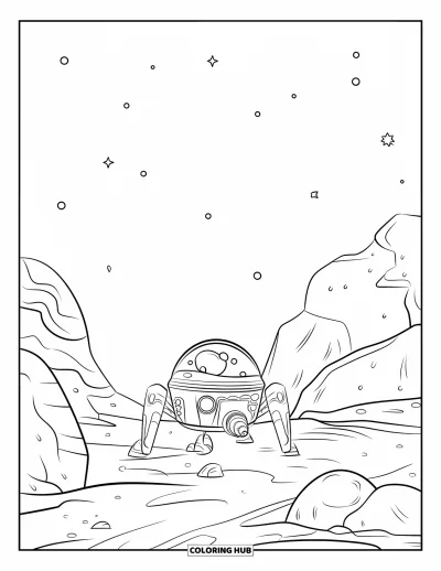 Dibujo de espacio para colorear para niños: Un rover espacial futurista escanea un paisaje alienígena bajo las estrellas