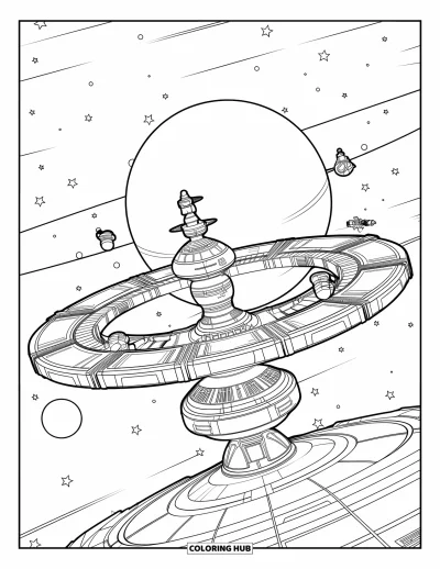 Dibujo de espacio para colorear para niños: Una estación espacial futurista orbita un enorme planeta gigante gaseoso