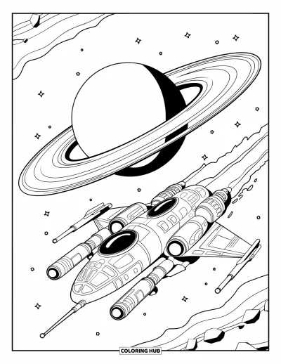 Dibujo de espacio para colorear para niños: Una nave espacial futurista pasa a toda velocidad junto a un majestuoso planeta con anillos