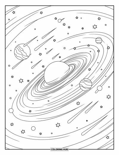 Dibujo de espacio para colorear para niños: Una galaxia gigante y giratoria con estrellas fugaces ilumina el espacio profundo