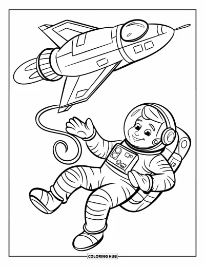 Dibujo de espacio para colorear para niños: Un astronauta feliz flota en el espacio, sujeto por un cable a una nave espacial