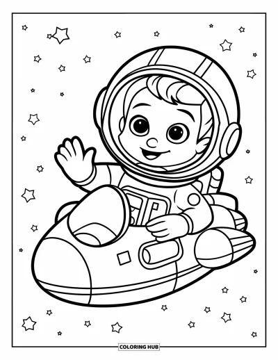 Dibujo de espacio para colorear para niños: Un astronauta feliz saluda desde una pequeña nave que flota en el espacio