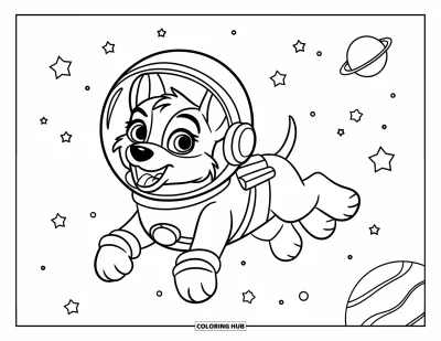 Dibujo de espacio para colorear para niños: Un perro feliz con traje espacial flota en gravedad cero mientras mueve la cola