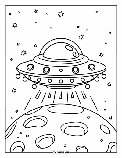 Dibujo de espacio para colorear para niños: Un OVNI flotante con una pequeña cúpula rodea un mundo alienígena con cráteres